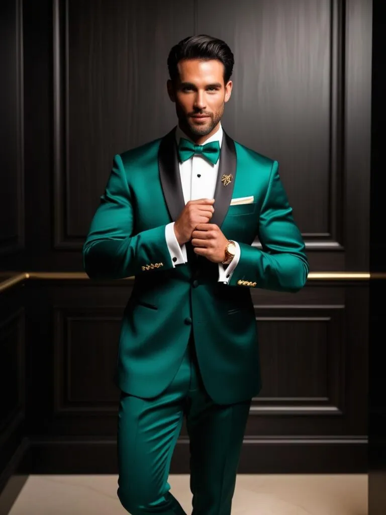 Groom wearing a striking emerald green tuxedo