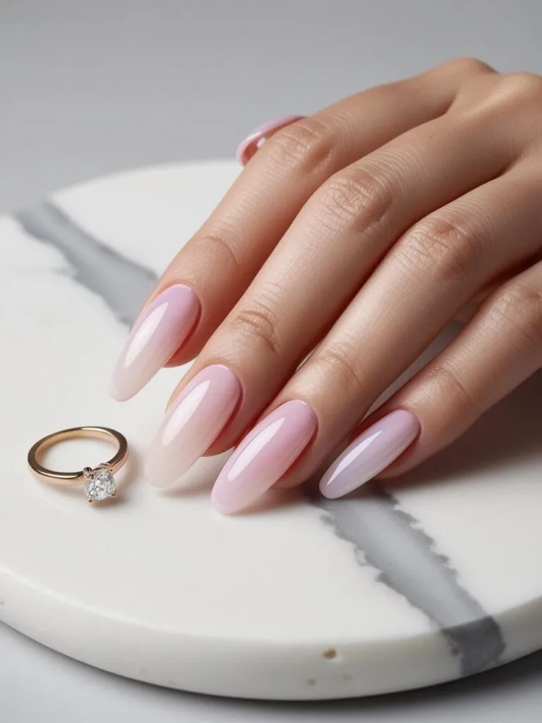 Minimalist nude bridal nails with a glossy finish, offering a polished and versatile look.