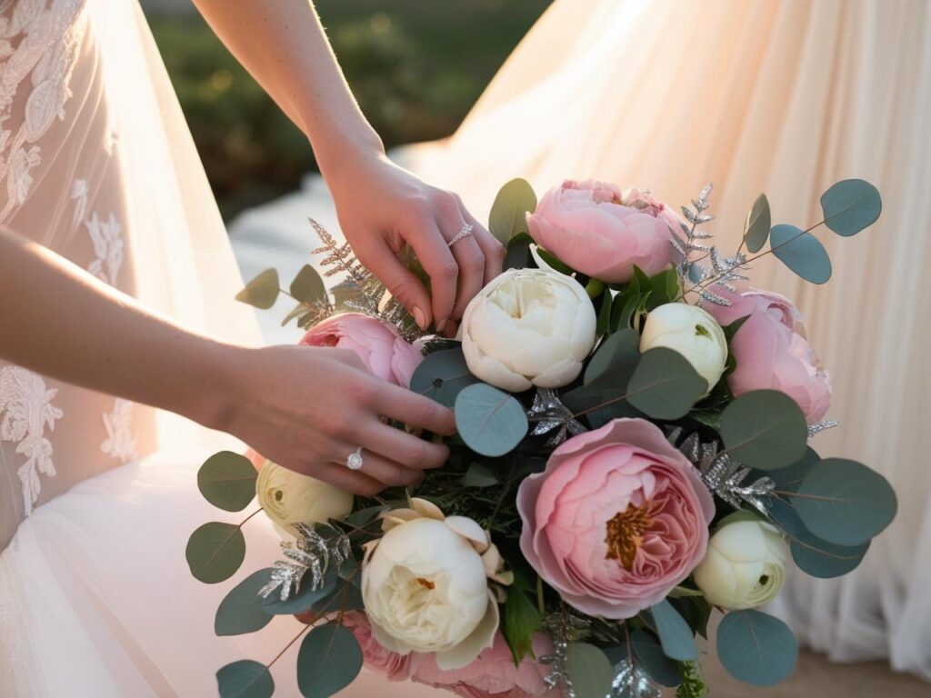 A bride carefully arranging a DIY bouquet with roses peonies and eucalyptus