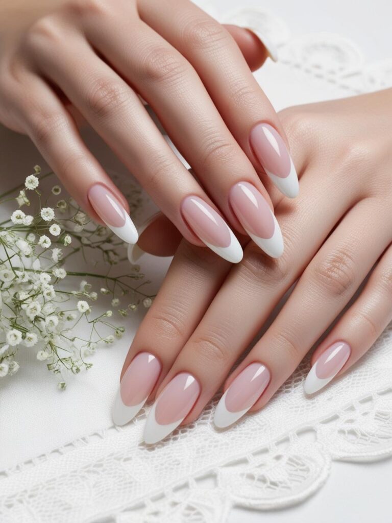 Elegant bridal nails with modern French tips in soft blush, perfect for classic brides.