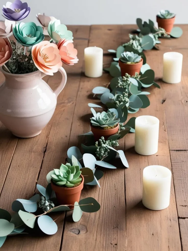 A close-up of budget-friendly floral alternatives, including paper flowers in pastel colors, a eucalyptus garland on a table, and small potted succulents alongside candles.
