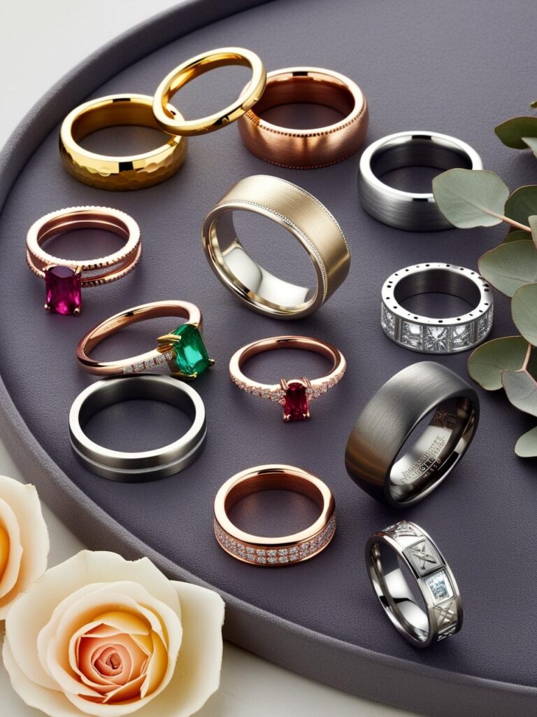 An assortment of wedding rings made from various metals and gemstones, highlighting popular styles such as gold bands, platinum, titanium, gemstone rings, and modern trends like stackable sets and engravings.