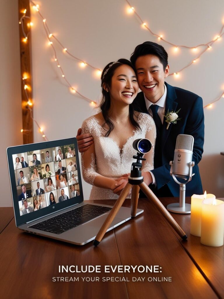 A couple standing in front of a laptop streaming their ceremony live, with virtual attendees visible on the screen