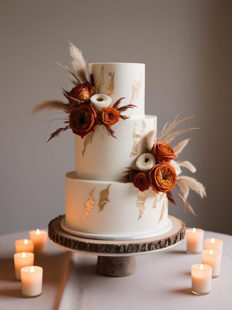 A three-tiered white wedding cake with delicate burnt orange floral accents cascading down the side