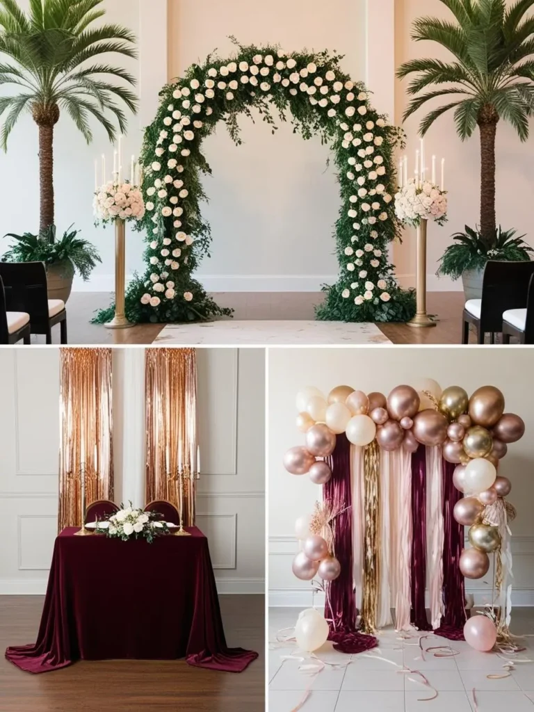 A wedding venue highlighting high-impact décor areas, including a floral-adorned ceremony arch, a sweetheart table with a velvet runner and candles, and a photo booth backdrop made of balloons and streamers.