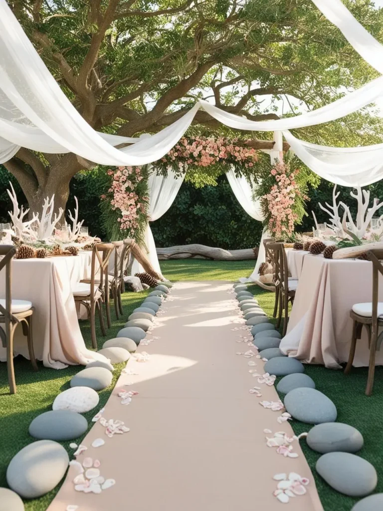 An outdoor wedding setup using natural elements, including a tree canopy adorned with sheer fabric and florals, driftwood and seashell centerpieces, and a pathway lined with stones and flower petals.