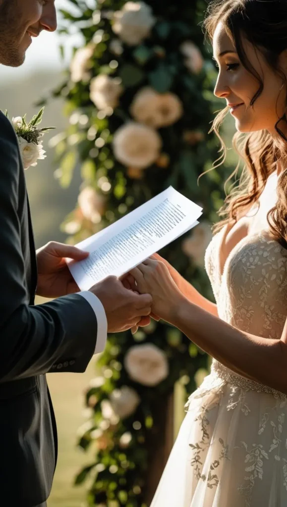 Bride and groom holding hands during outdoor wedding ceremony while exchanging personalized handwritten vows, surrounded by natural greenery and soft sunlight.