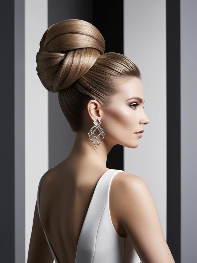 Bride wearing a striking high bun with dramatic height and precisely sculpted shape