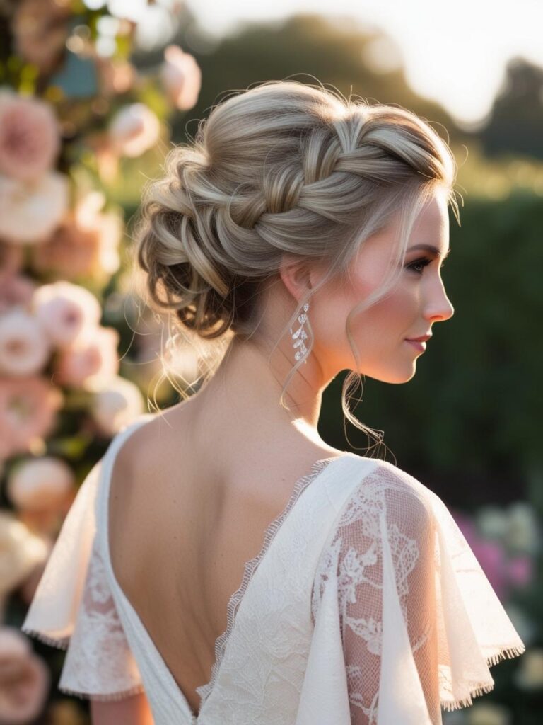 Bride with a twisted updo featuring soft volume at the crown and twisted sections forming a sophisticated bun