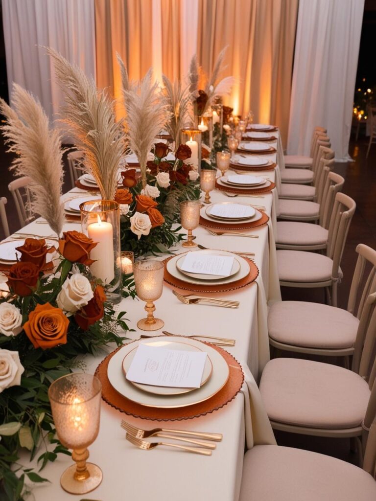Burnt orange florals mixed with ivory roses, beige pampas grass, champagne colored drapes