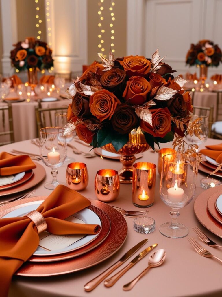 Burnt orange flowers with gold-rimmed tableware, copper candle holders and metallic accents