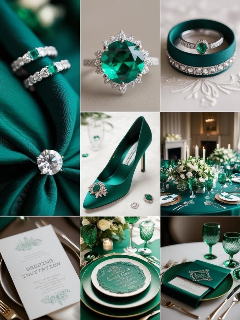 Close-up shots that highlight emerald green elements in wedding details