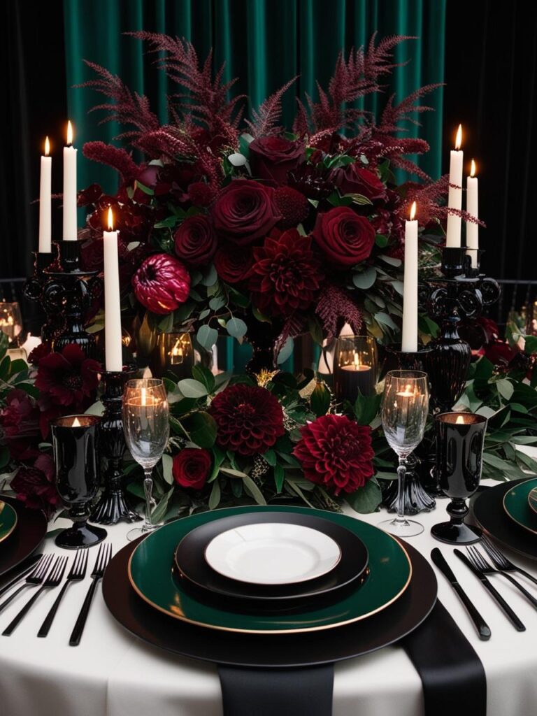 Deep emerald green with rich burgundy and bold black accents