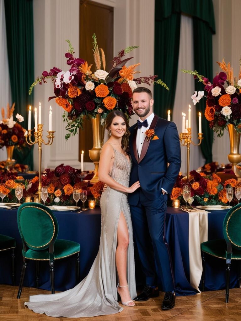 Deep navy table linens, emerald green velvet chairs, and burnt orange floral arrangements