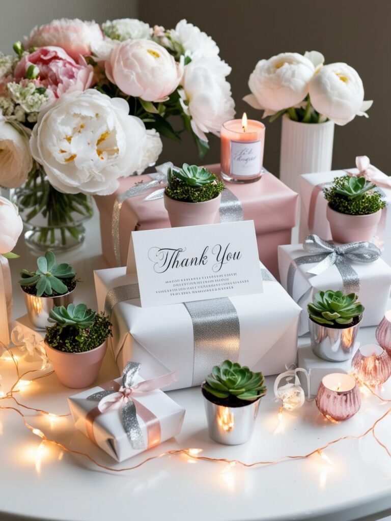 Gift table with personalized favors, mini succulents, custom candles and small gift bags tied with ribbon