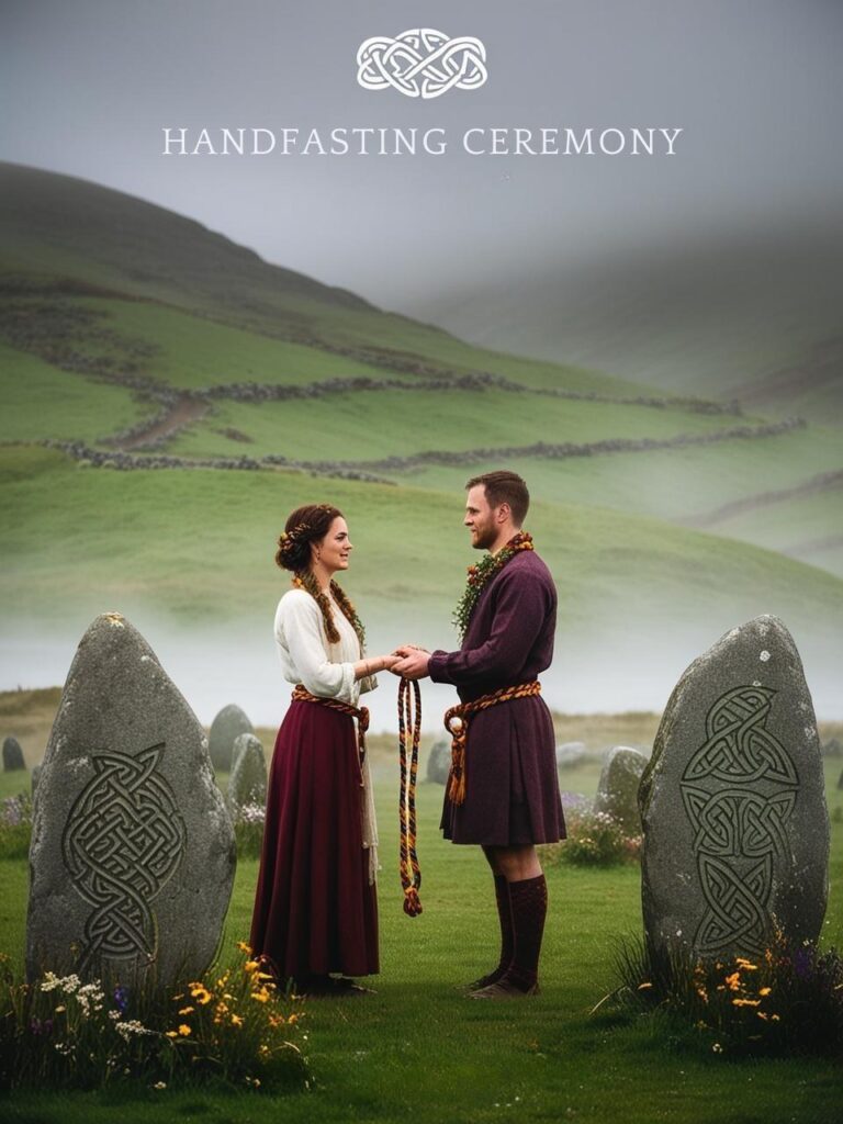 A couple participating in an ancient Celtic handfasting ceremony, their hands bound together with a symbolic cord, surrounded by misty hills, standing stones, and natural elements, evoking the deep spiritual and historical significance of the ritual.