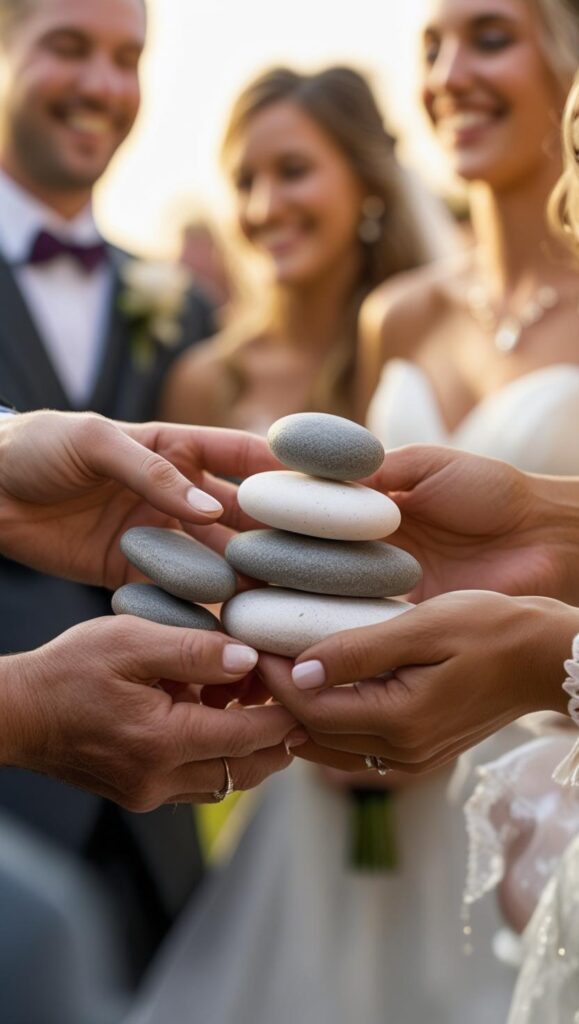 Close-up of diverse wedding guests holding smooth blessing stones during ceremony, smiling faces softly blurred in background, warm natural lighting.