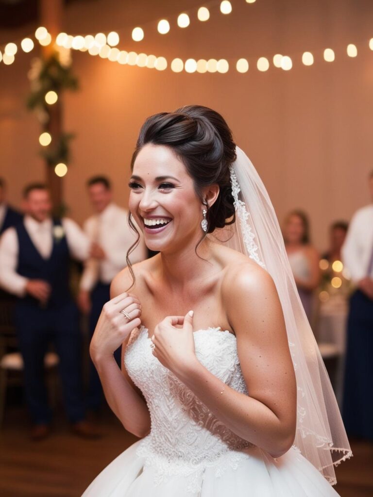 Joyful scene of a bride with a beautiful updo in full wedding attire