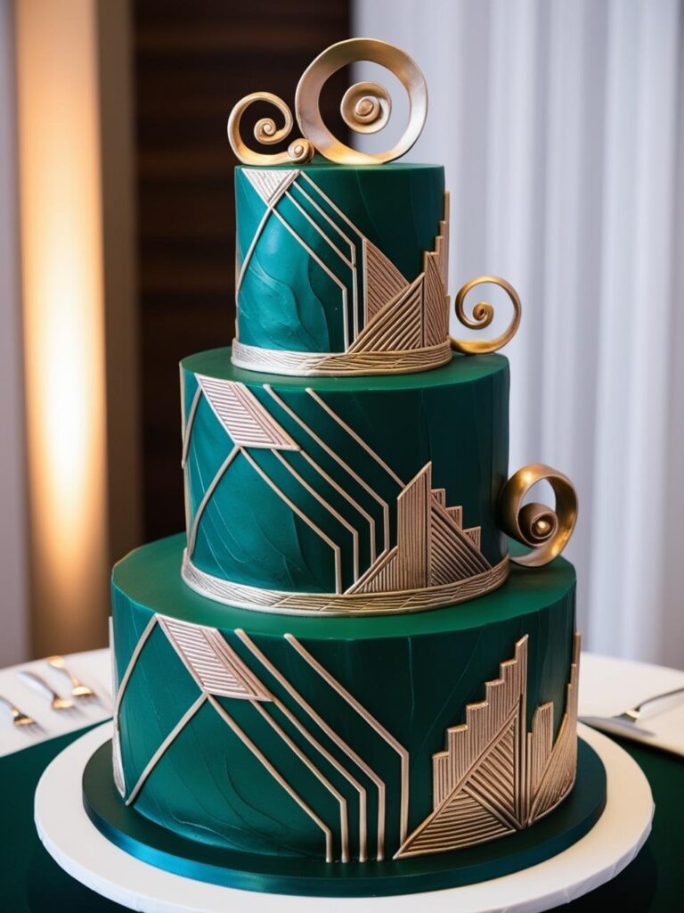 Wedding cake featuring a deep emerald green fondant base and intricate gold accents