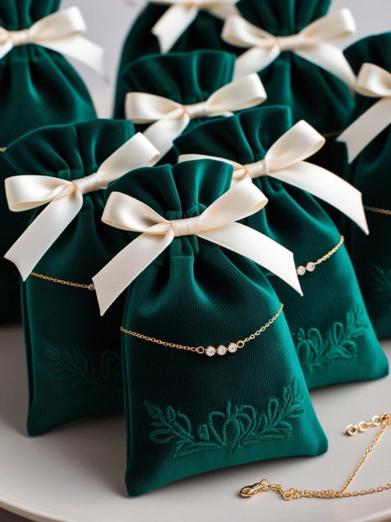 Wedding favor featuring emerald green velvet pouches, each containing a small piece of jewelry