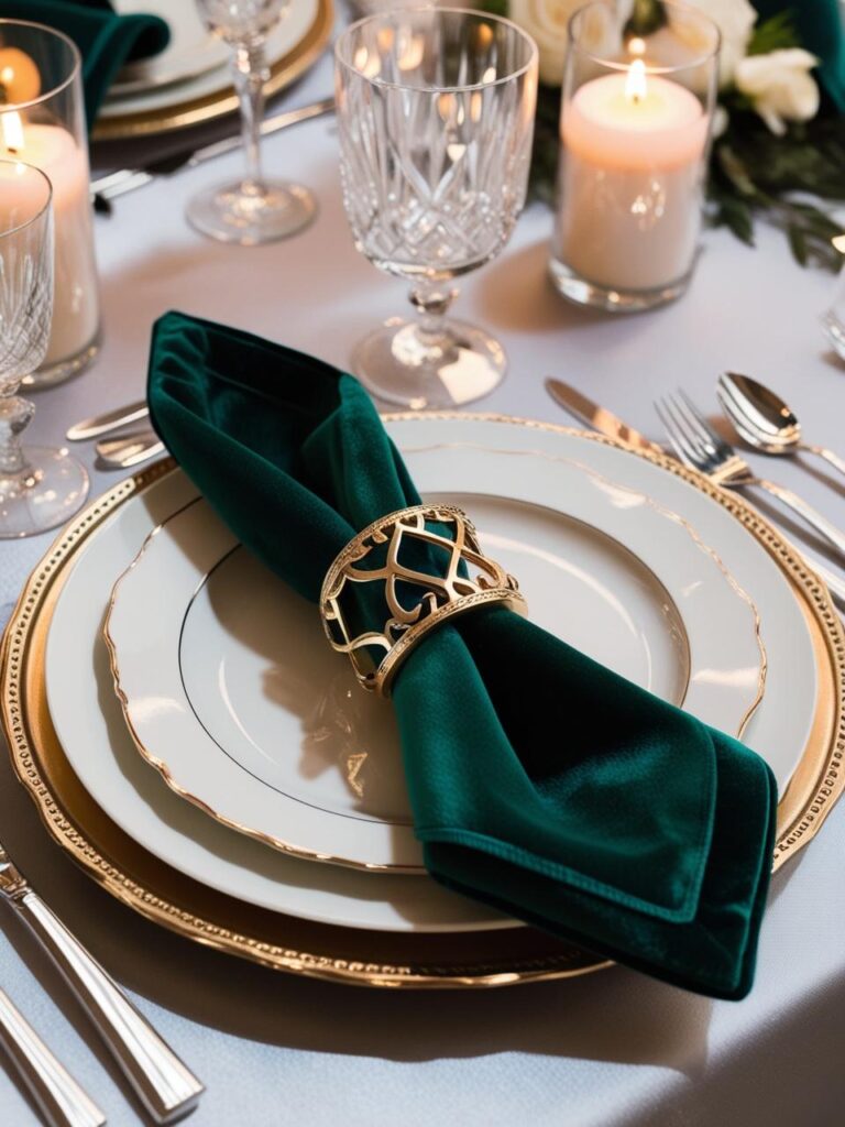 Wedding place setting featuring plush emerald green velvet napkins